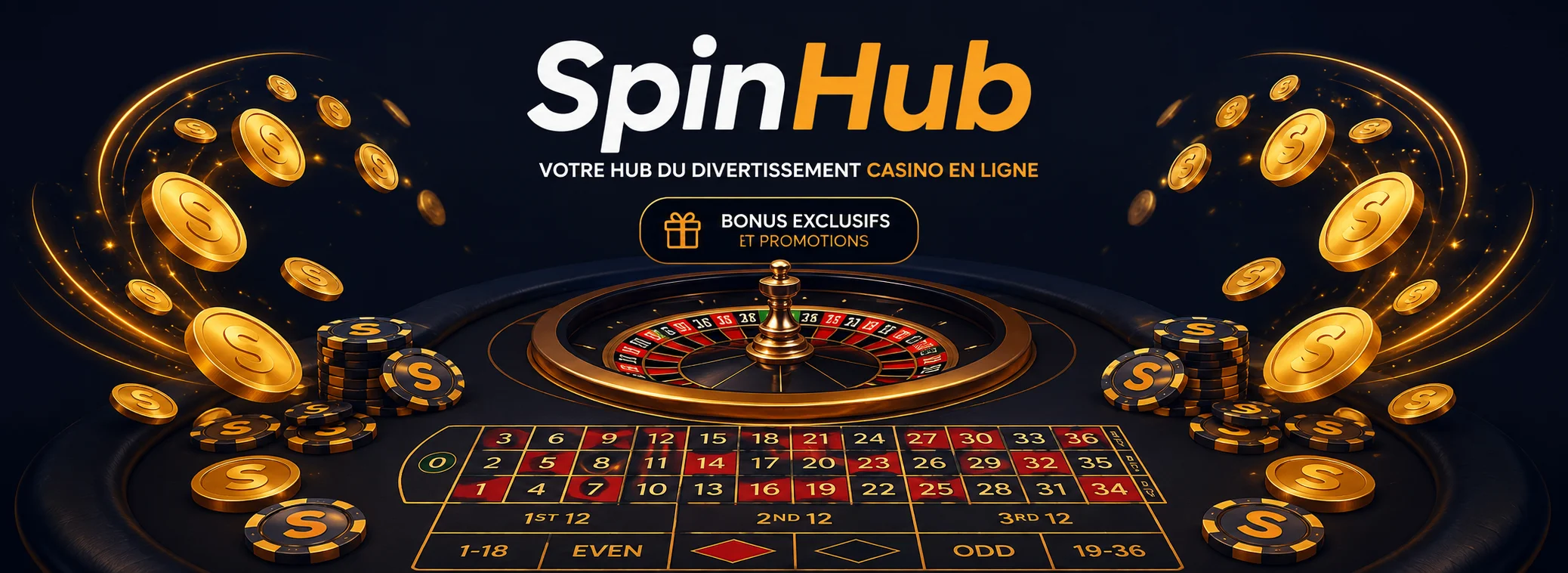 Table de roulette en direct SpinHub sur fond bleu nuit avec pièces d'or
